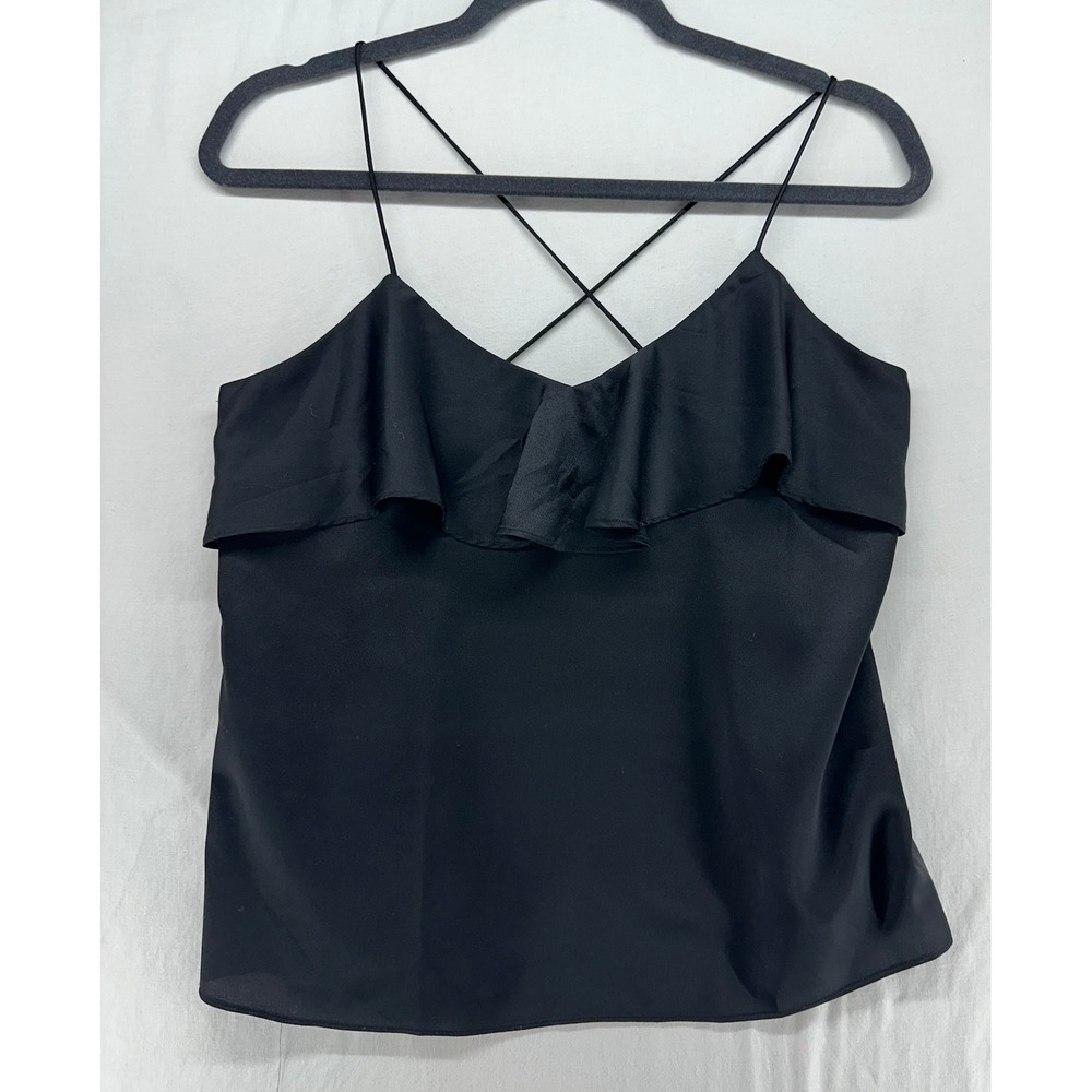 Harlyn Black Ruffle Satin Camisole Top Strappy Crisscross Back Size S
